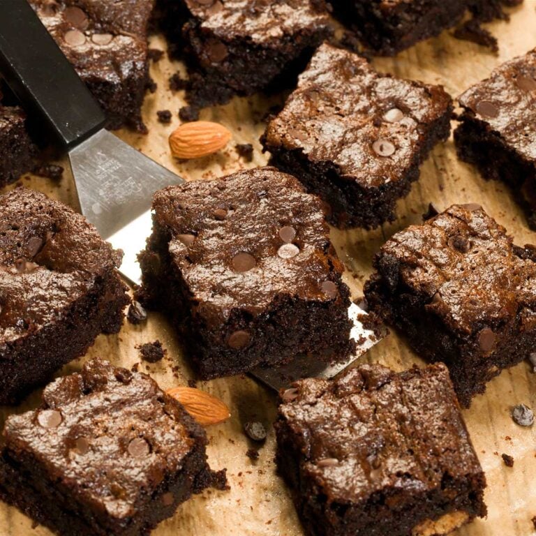 Gluten-free, dairy-free brownies cut into squares.