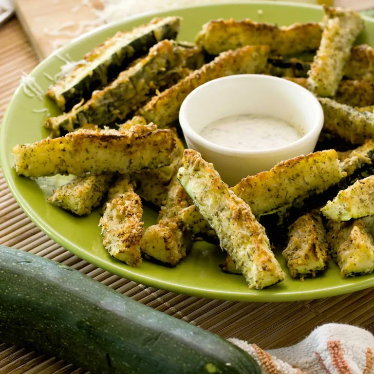 A green plate with parmesan-crusted zucchini fries and a small bowl of ranch dip.