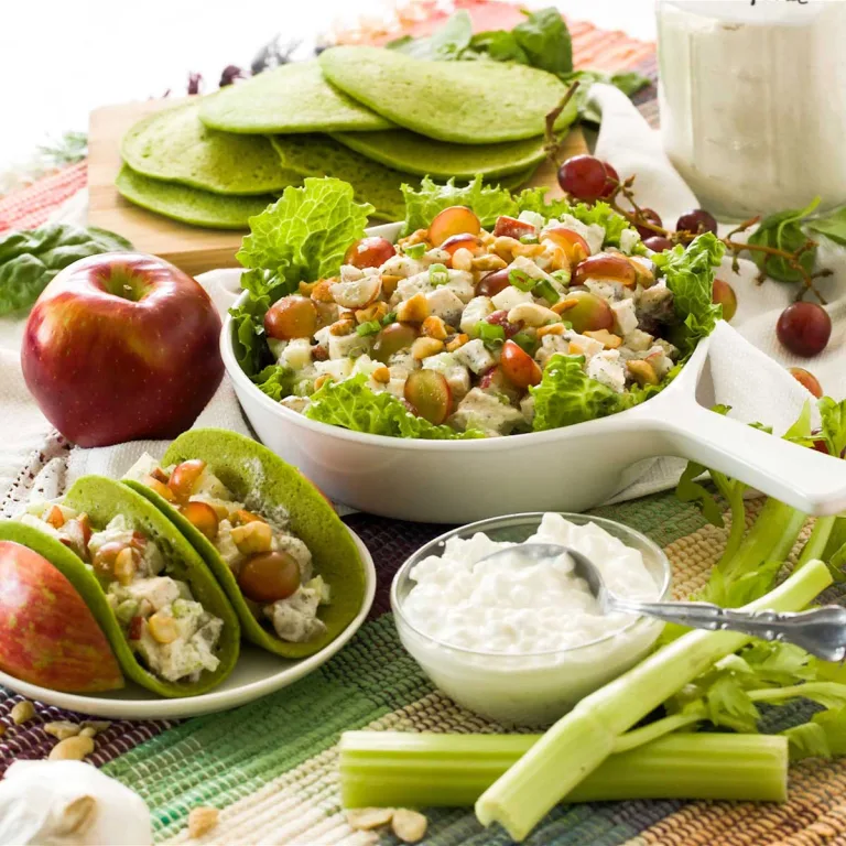 How to make healthy chicken waldorf salad w/ cottage cheese, air fryer chicken & gluten-free spinach crepe soft tacos w/ brown rice flour