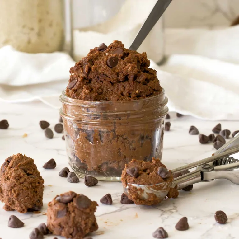 A small mason jar full of edible double chocolate chip cottage cheese cookie dough.