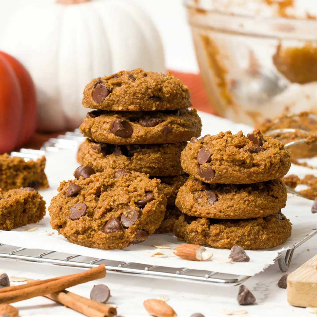 Your new Go-To easy Chocolate Chip Gluten Free Vegan Pumpkin Cookies recipe with oat & almond flour, pumpkin, cinnamon, and chocolate chips.