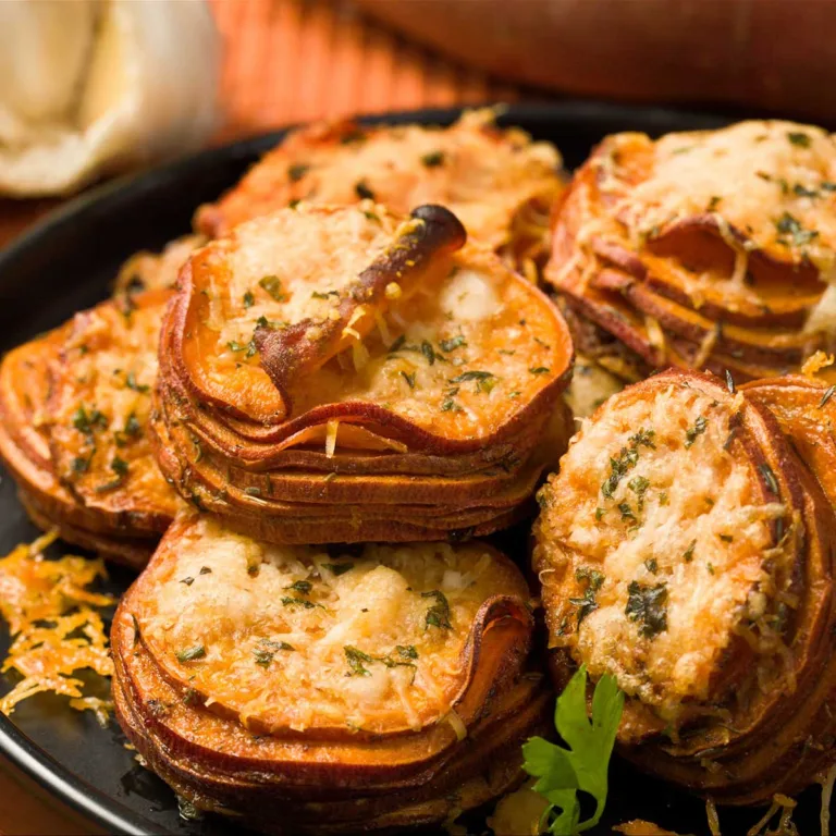 Stack of crispy parmesan sweet potatoes.
