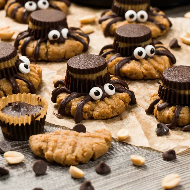 Peanut butter cup spider cookies with googly eyes and peanut butter cookies.