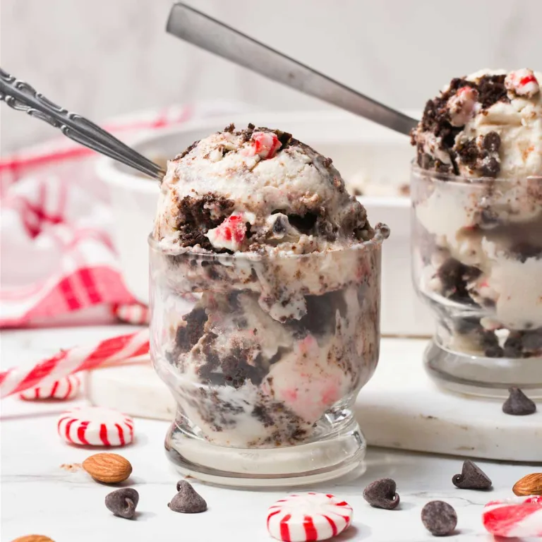 Making no-churn Peppermint Bark Cottage Cheese Ice Cream with gluten-free brownie bites.
