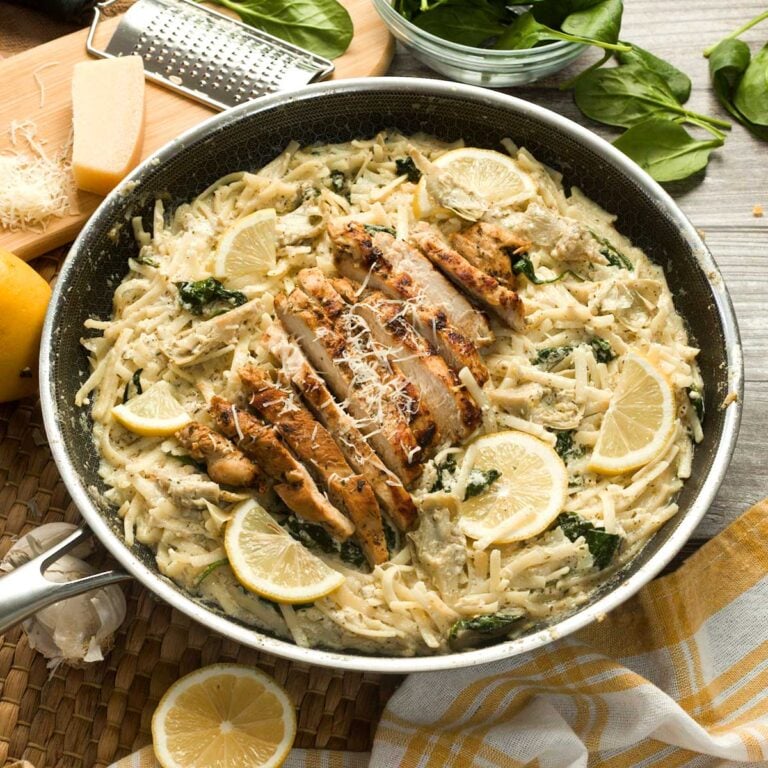 Gluten-Free Creamy Lemon Chicken Pasta in a Hexclad pan.