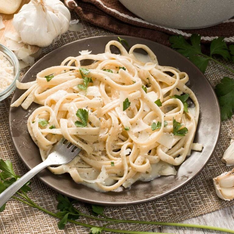 Plate of fettucine with cottage cheese alfredo sauce.