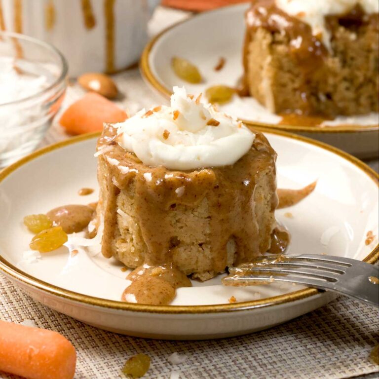 Carrot Mug Cake cut in half as a mini cake.