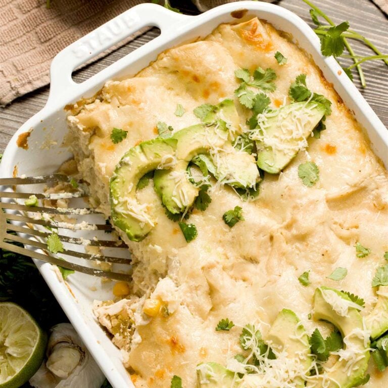 Casserole dish with chicken enchiladas.