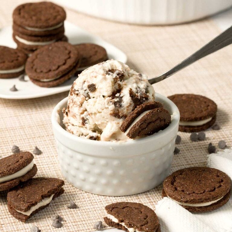 Bowl of cookies and cream cottage cheese ice cream with homemade gluten-free oreo cookies.