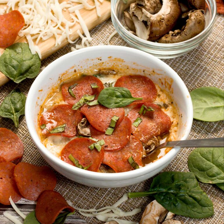 Bowl of cottage cheese pizza.