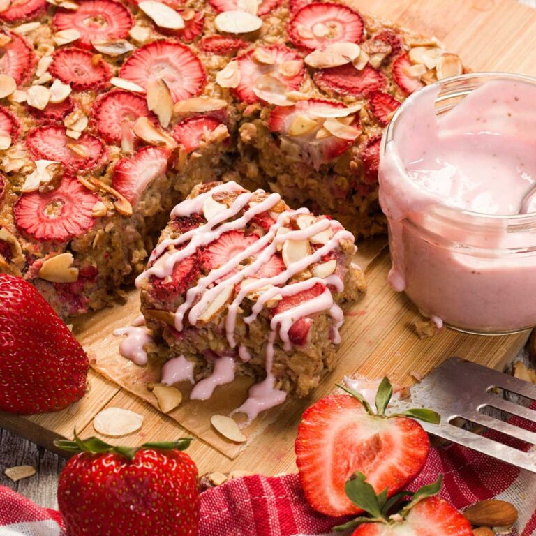 Pan of baked strawberry oatmeal.