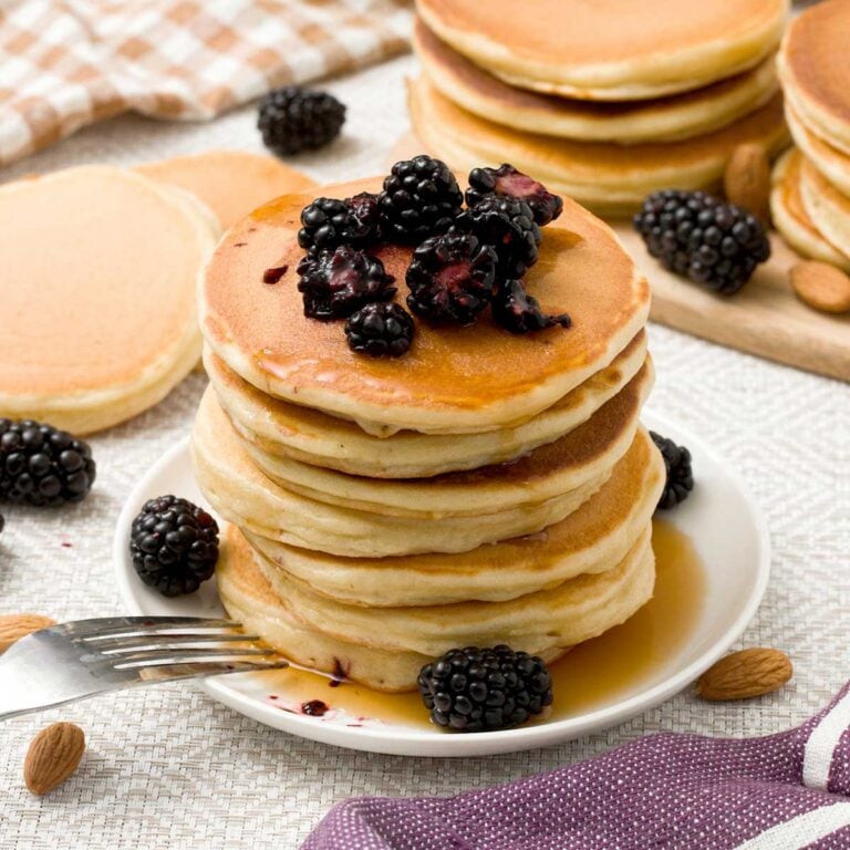 Stack of protein pancakes without protein powder with syrup and