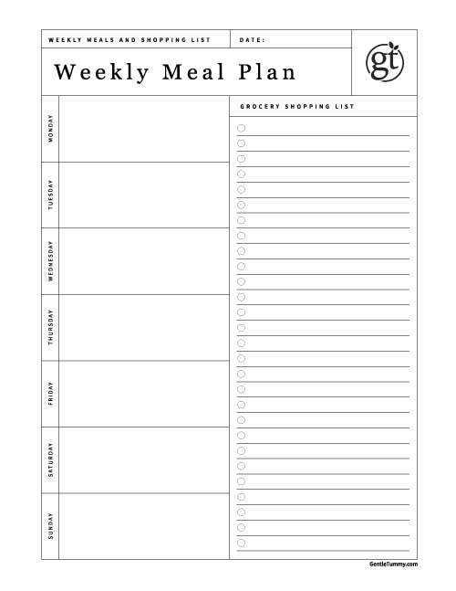 Weekly meal plan plus grocery shopping list.