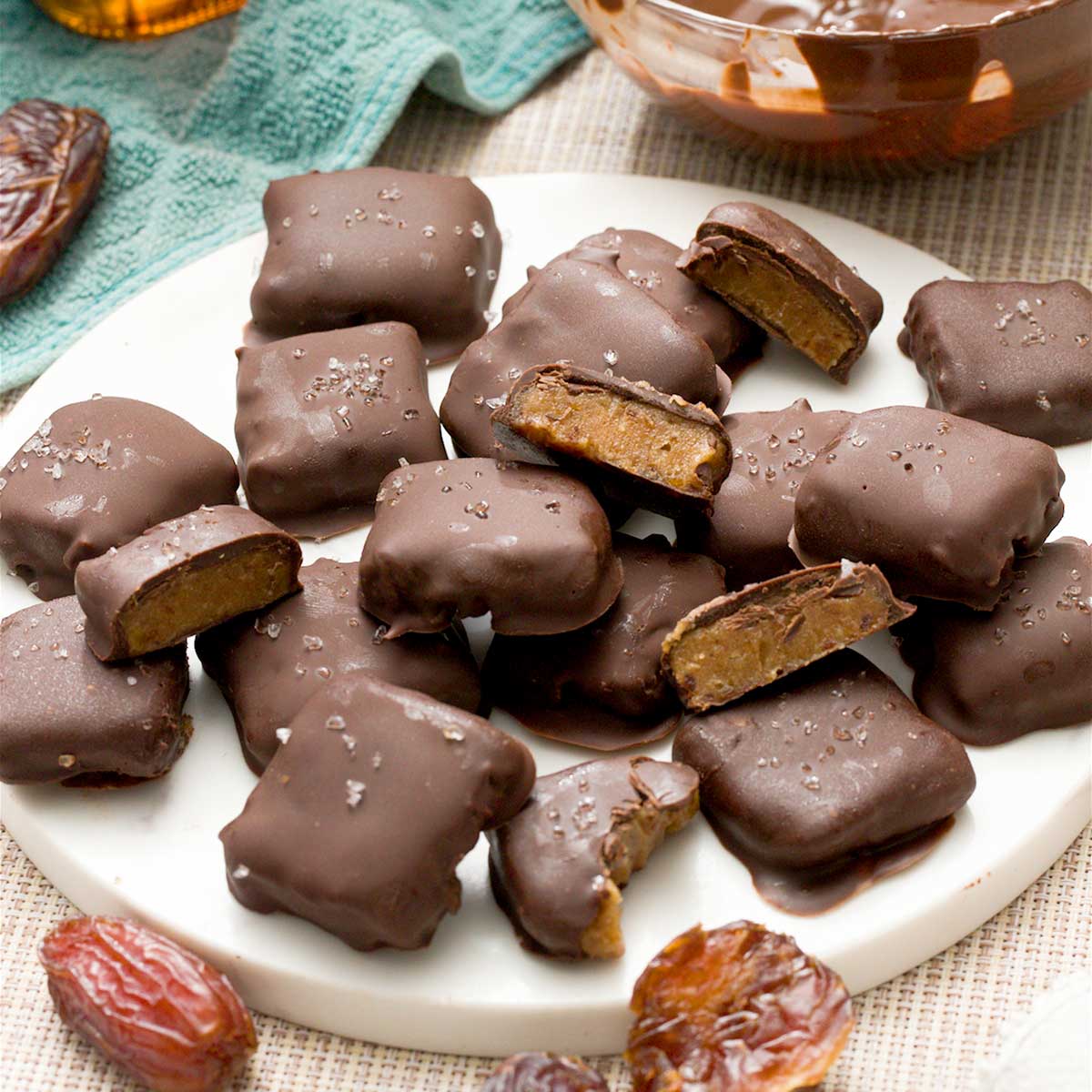 Baked caramel's dipped in chocolate with sea salt on top.