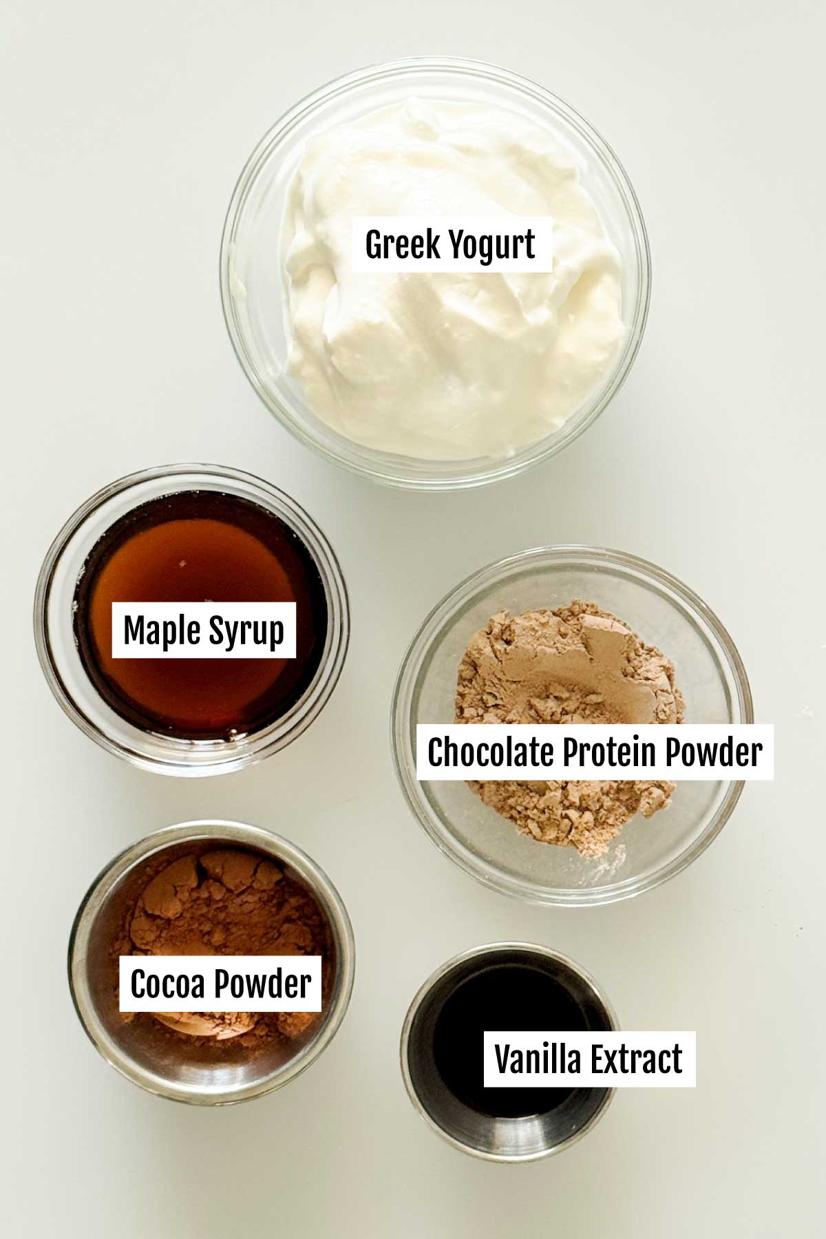 All the ingredients you need to make chocolate greek yogurt that is high in protein.
