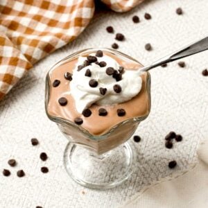 A bowl of chocolate greek yogurt with whipped cream and mini chocolate chips on top.