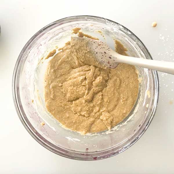 Mixing the cobbler batter in the mixing bowl.