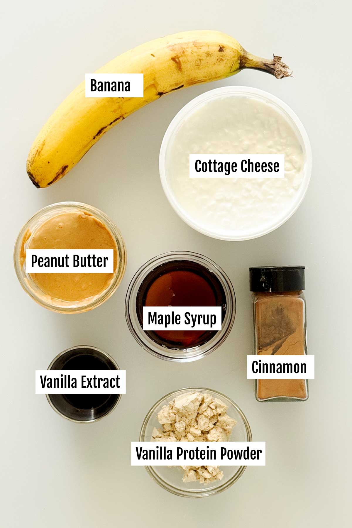 All the ingredients needed to make protein banana pudding with cottage cheese.