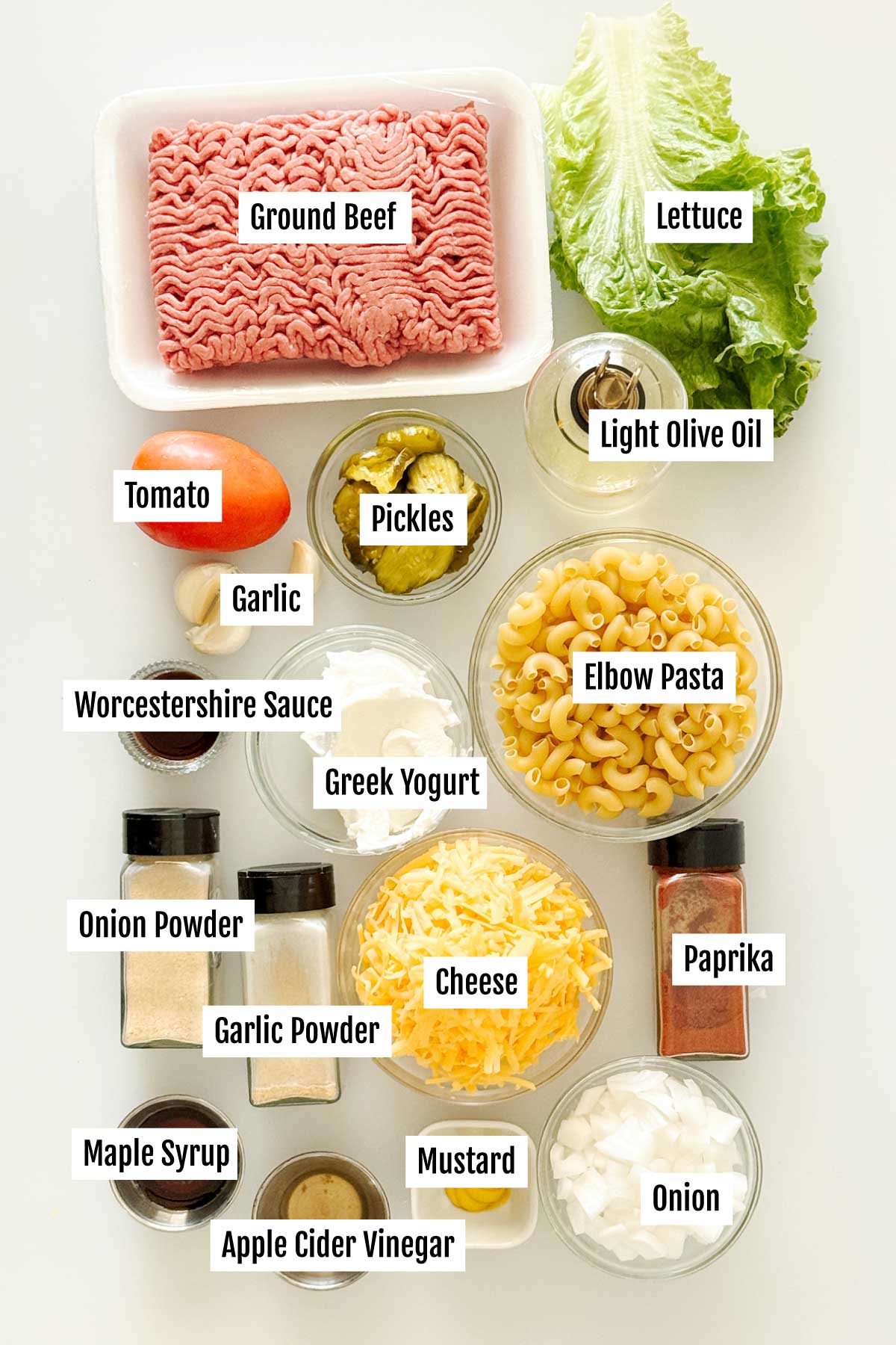 All the ingredients needed to make high protein big Mac pasta with a Greek yogurt side salad.