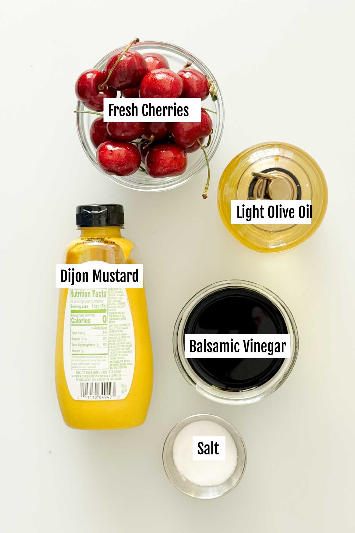 All the ingredients you need to make cherry balsamic vinaigrette with fresh cherries.