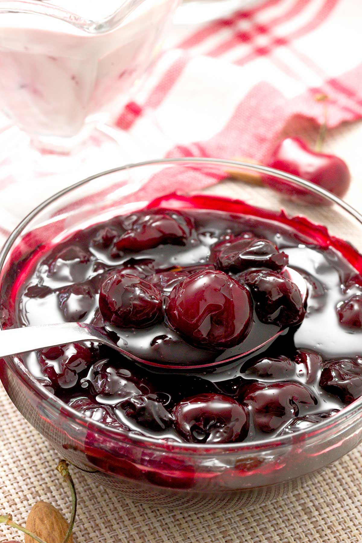 A bowl of cherry compote easy dessert sauce.
