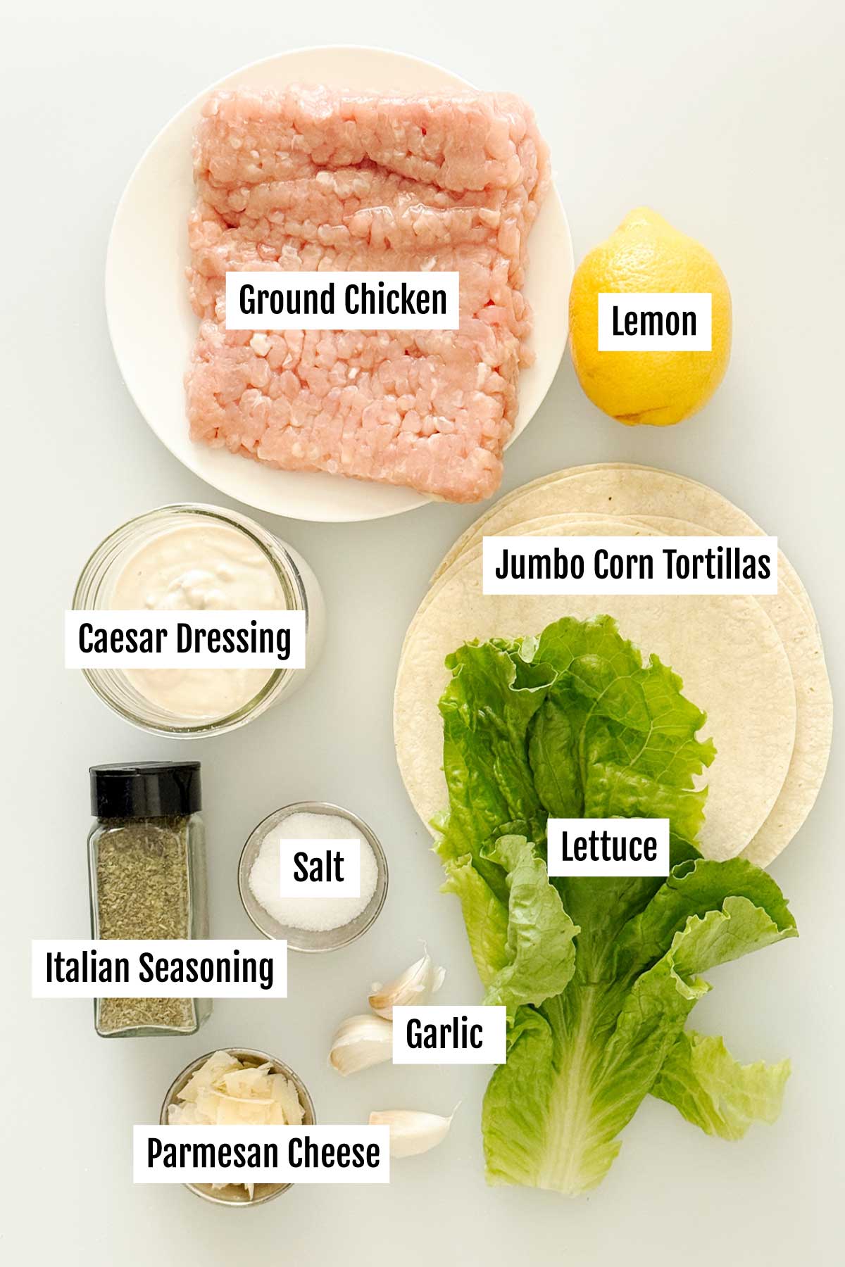 All the ingredients you need to make a chicken caesar smashed taco with caesar salad.