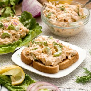 A piece of toast with cottage cheese protein chicken salad with celery on top.