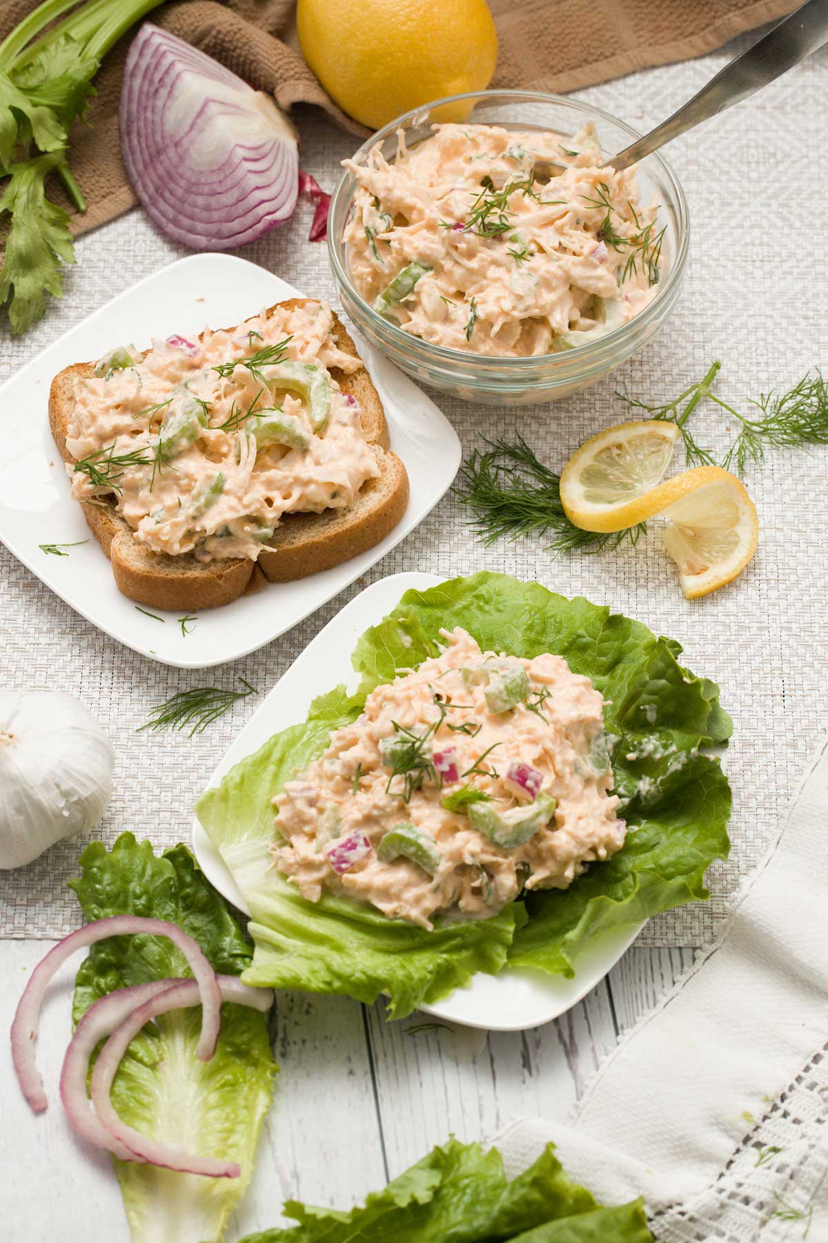 I protein cottage cheese chicken salad on lettuce, toast and in a bowl.
