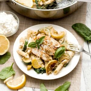 A plate of high protein cottage cheese lemon zucchini pasta.