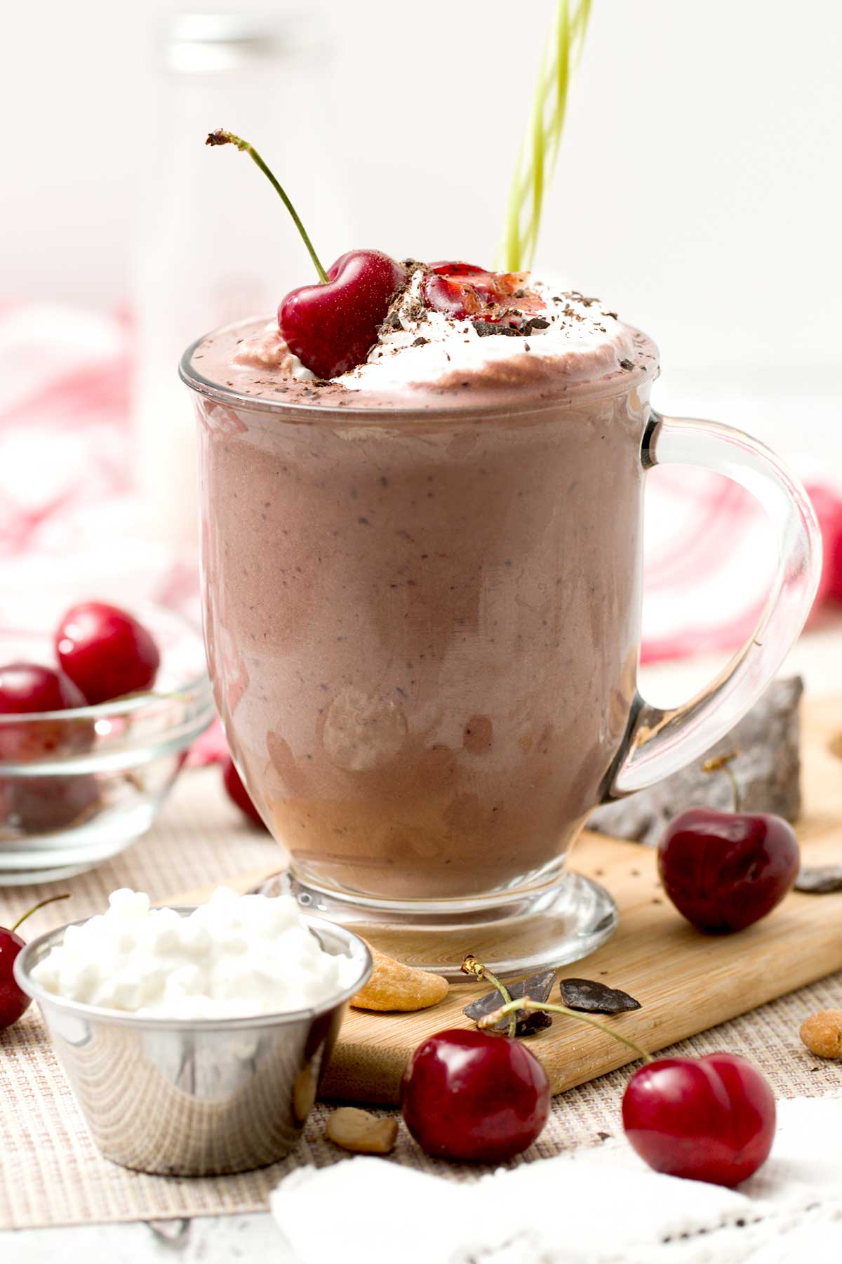 A cherry chocolate smoothie made with cottage cheese, cherries, and cauliflower.