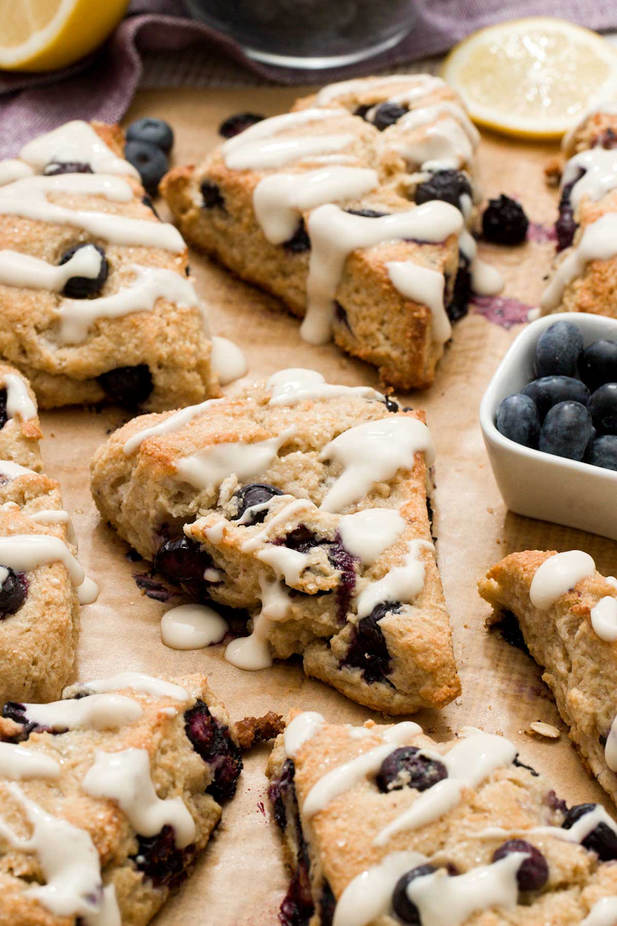 Gluten free Lemon blueberry scones with a Greek yogurt glaze on top.