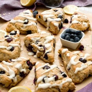 Gluten free blueberry lemon scones with a Greek yogurt glaze on top.