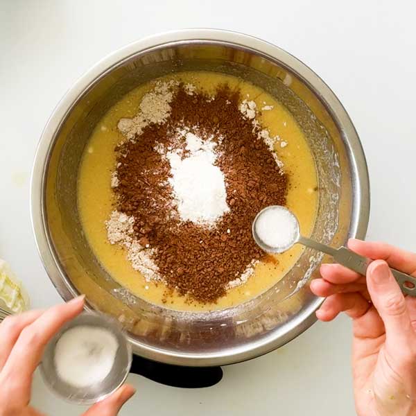 Adding all the dry ingredients to the cake batter.