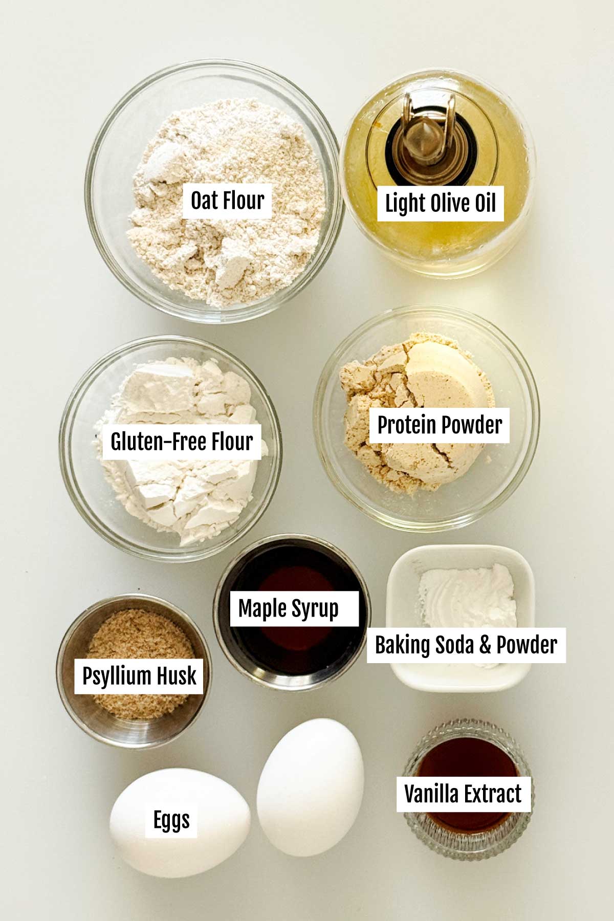 All the ingredients you need to make gluten-free protein pancake sandwiches with oat flour.