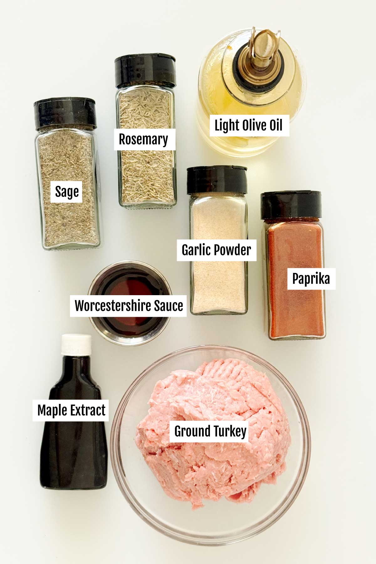 All the ingredients you need to make a stack of turkey breakfast patties for breakfast sandwiches.