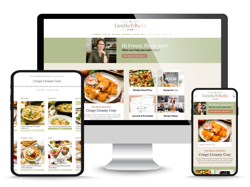 The Gentle Foodie Club dashboard on a desktop computer, ipad, and mobile phone screens.
