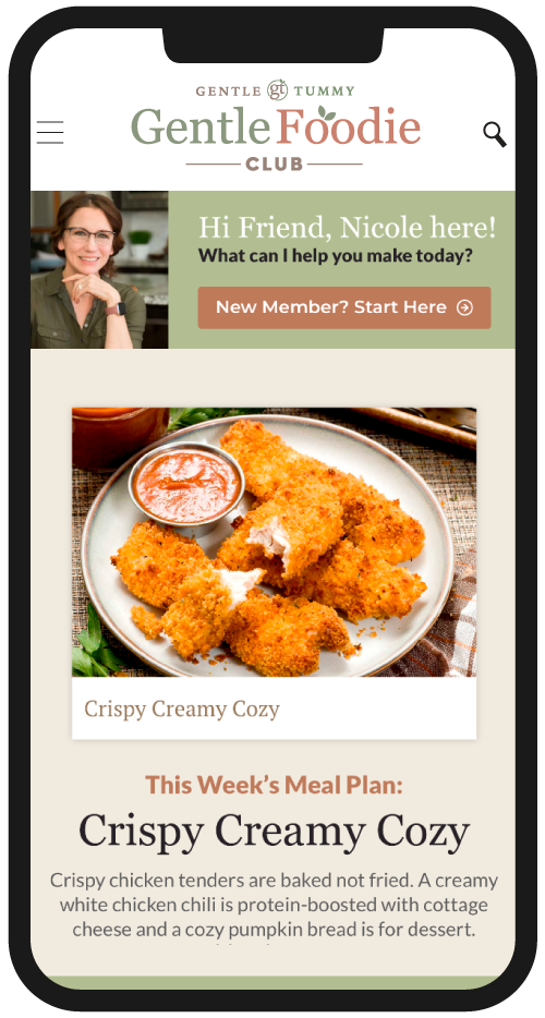 Gentle Foodie Club dashboard page on a phone.
