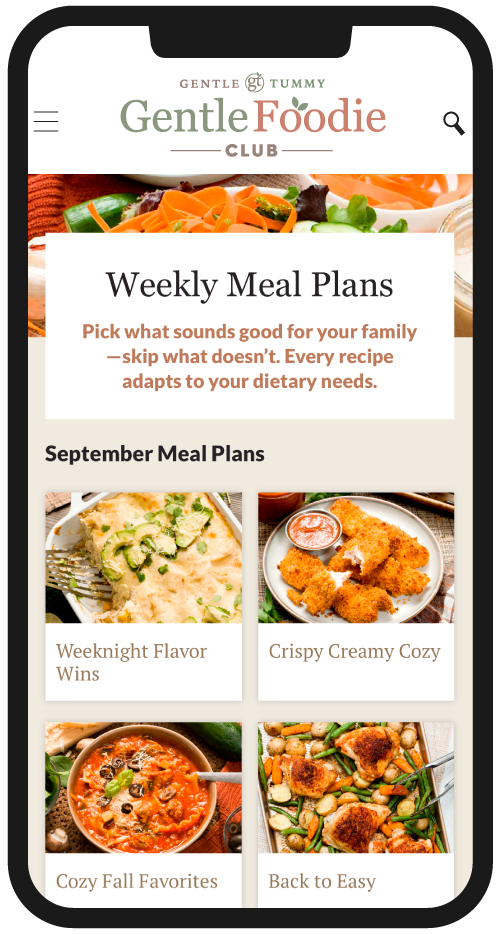 Gentle Foodie Club Weekly Meal Plans page on a phone.