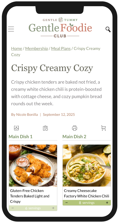 Gentle Foodie Club recipe meal plan page on a phone.