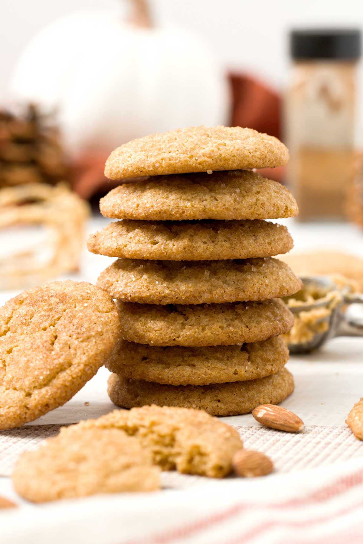 A stack of gluten-Free pumpkin snickerdoodle cookies with almond flour and cinnamon.