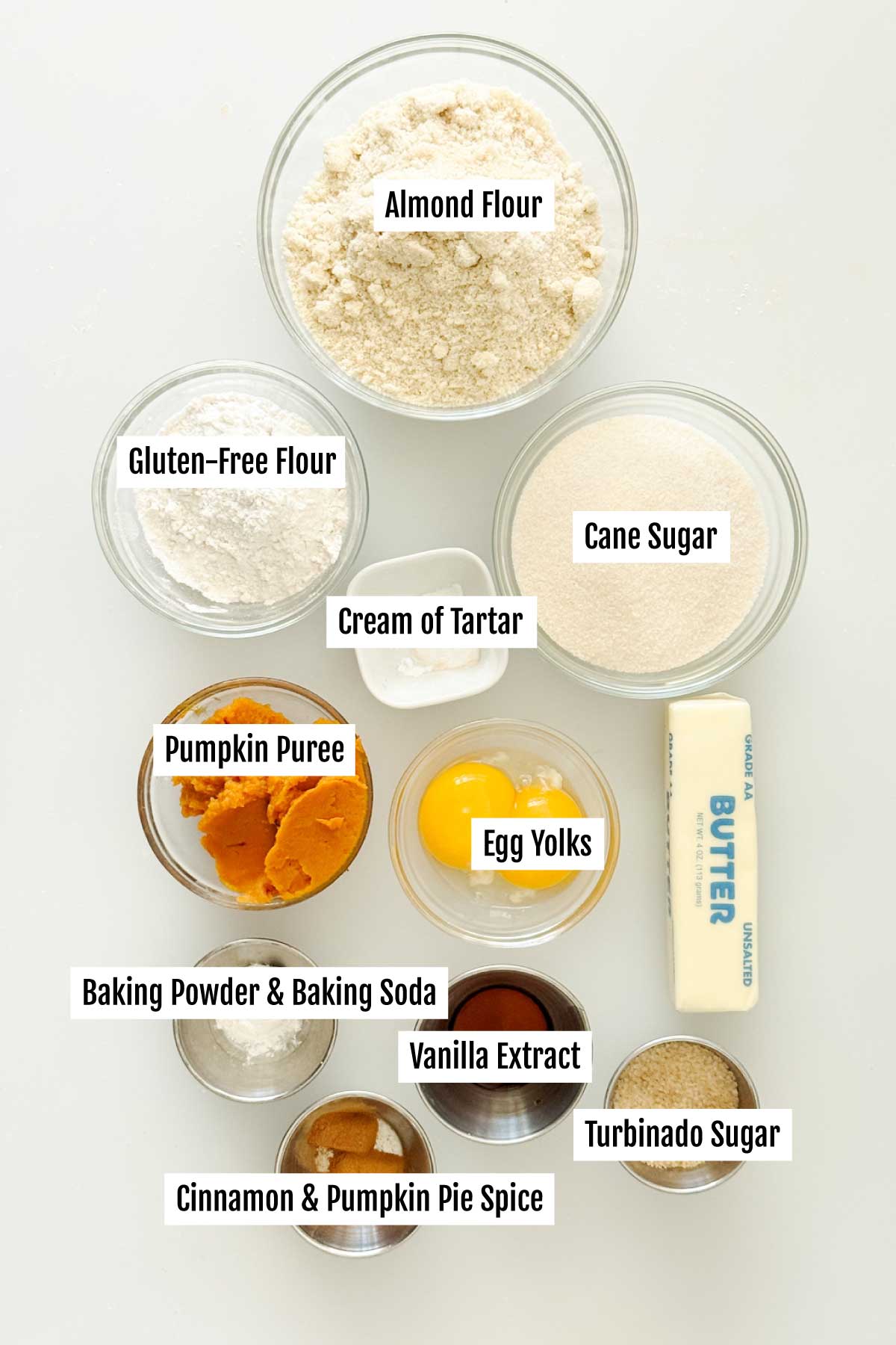 All the ingredients you need to make gluten-Free pumpkin snickerdoodle cookies with almond flour and cinnamon.