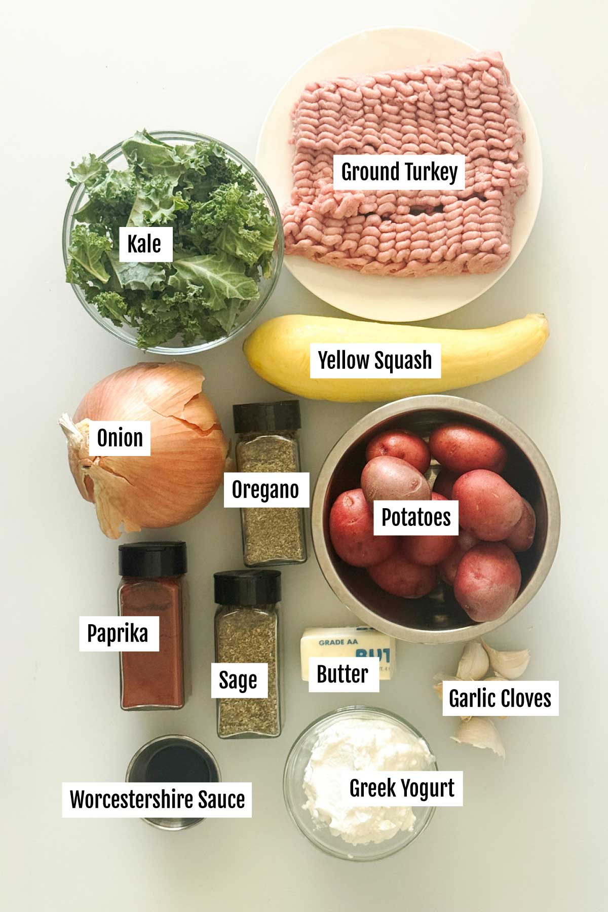 All the ingredients you need to make healthy Zuppa Tuscana soup with ground turkey and greek yogurt with red potatoes.