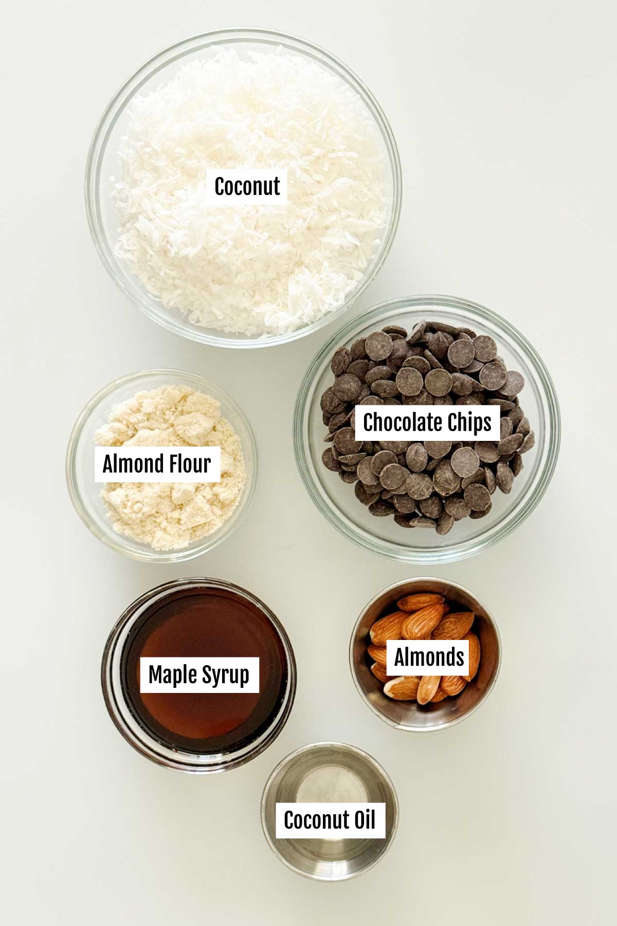All the ingredients you need to make dairy-free almond joy candy bars with sea salt on top.