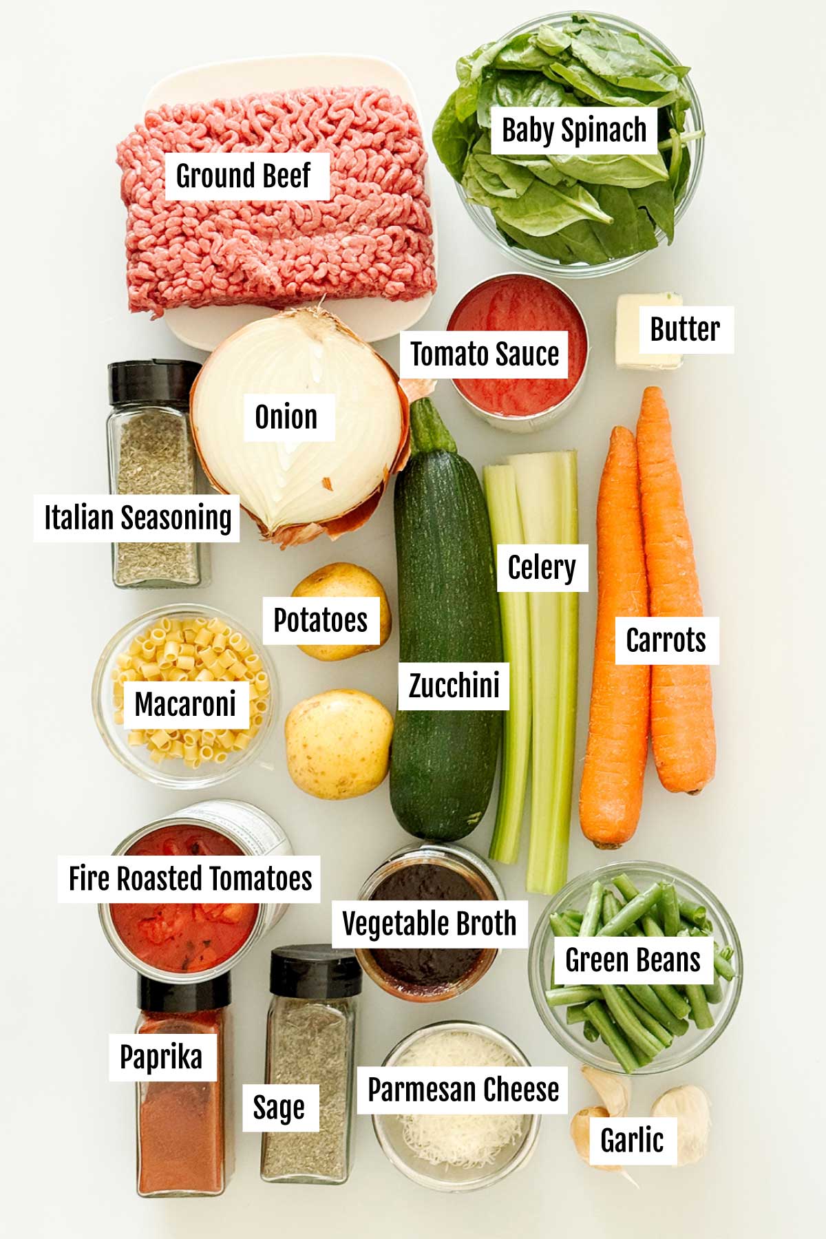 All the ingredients you need to make gluten-free ground beef minestrone soup without beans.