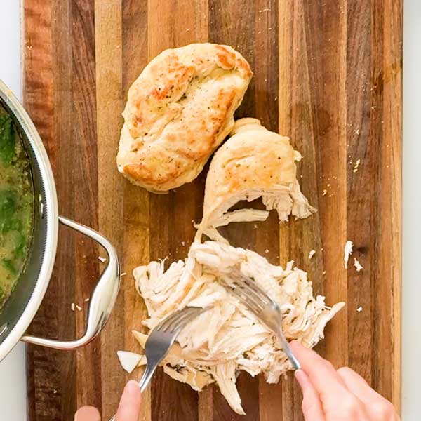 Shredding the seared chicken with two forks.