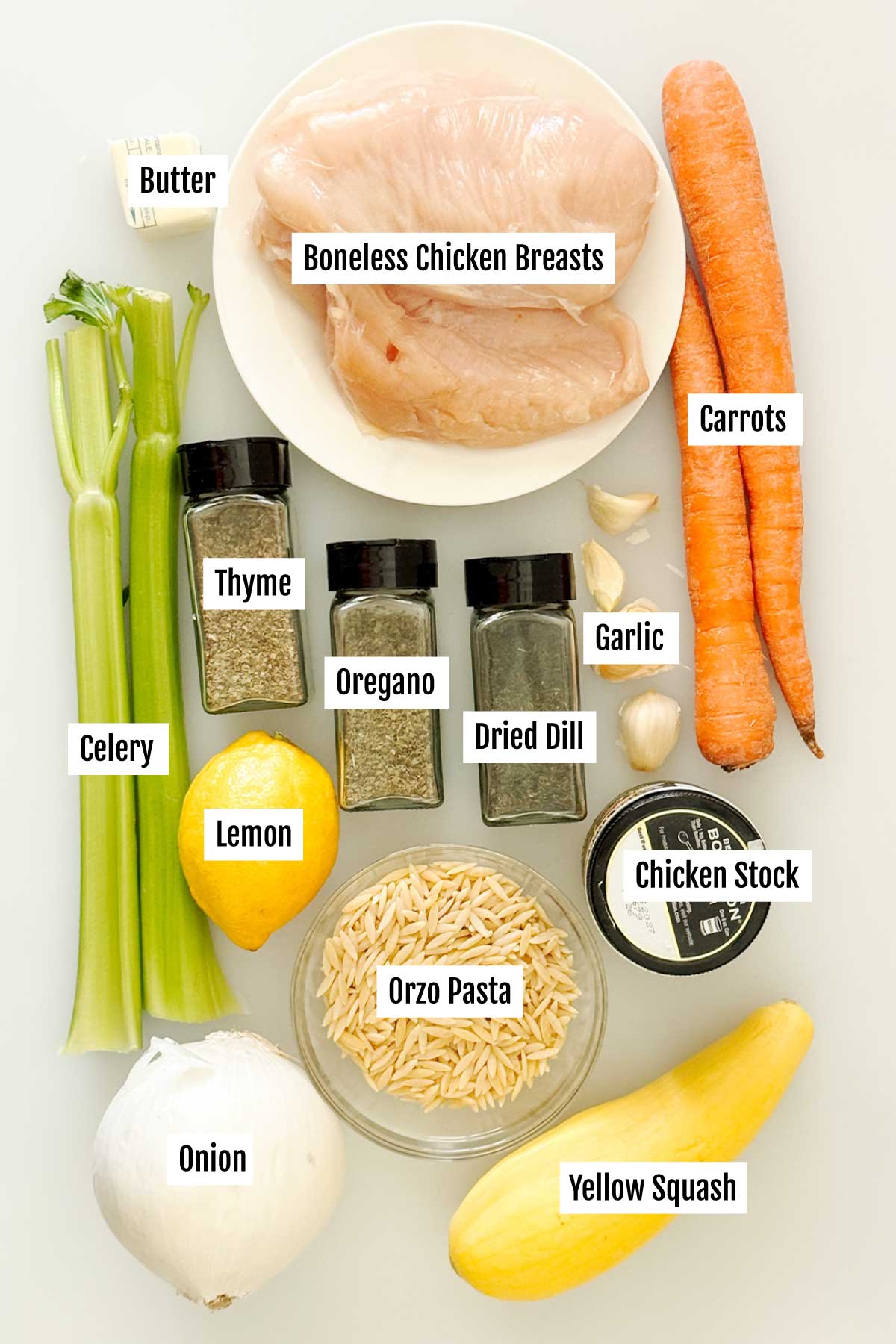 All the ingredients you need to make lemon chicken orzo soup.