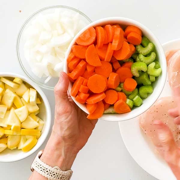 The chopped vegetables ready to go in the soup.