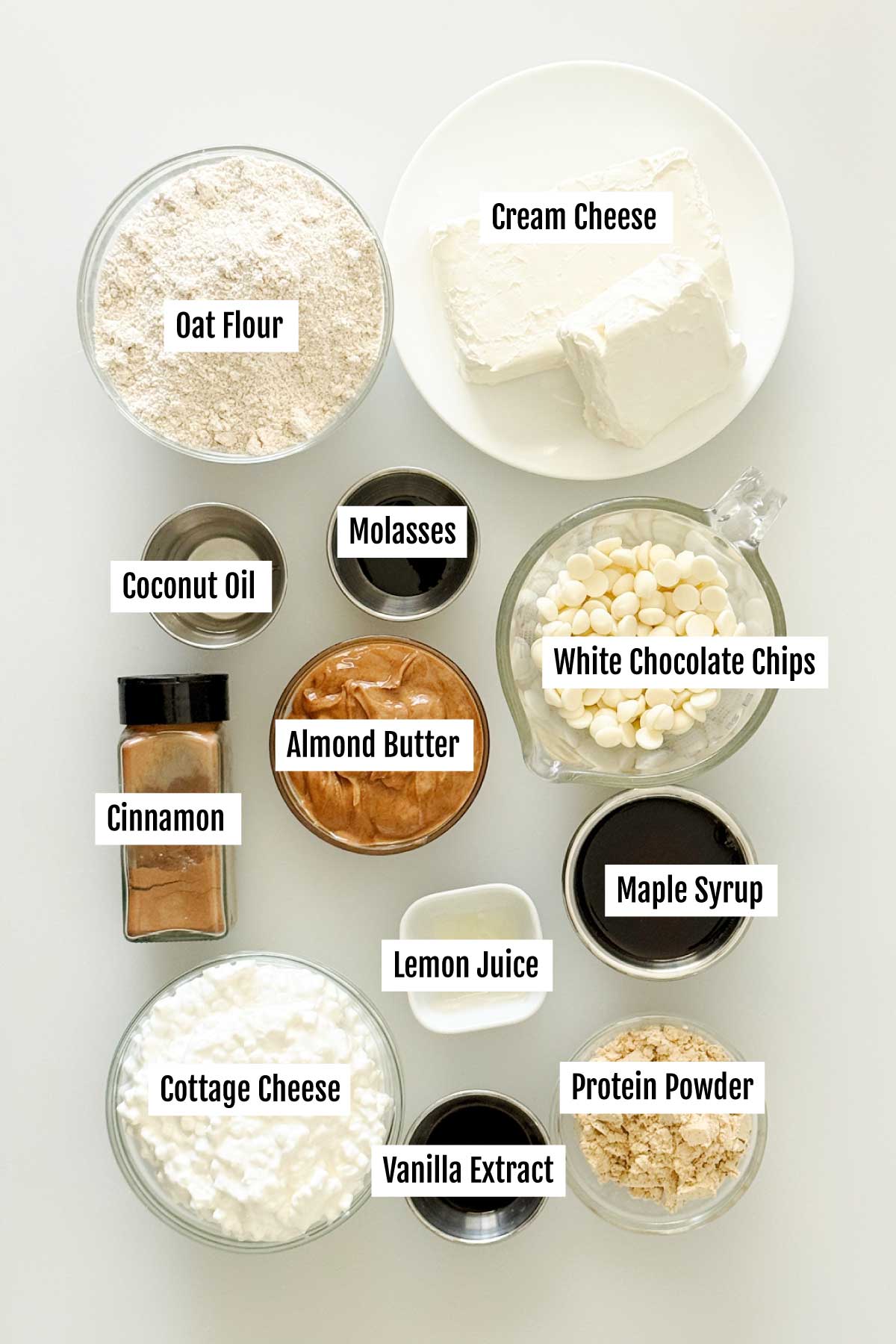 All the ingredients you need to make a no-bake cottage cheese cheesecake with a gluten-free crust.