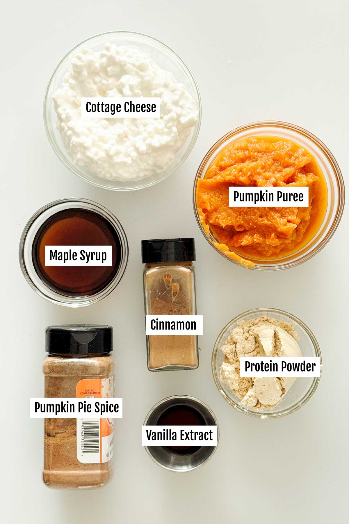 All the ingredients you need to make instant protein pumpkin pudding with cottage cheese and protein powder.
