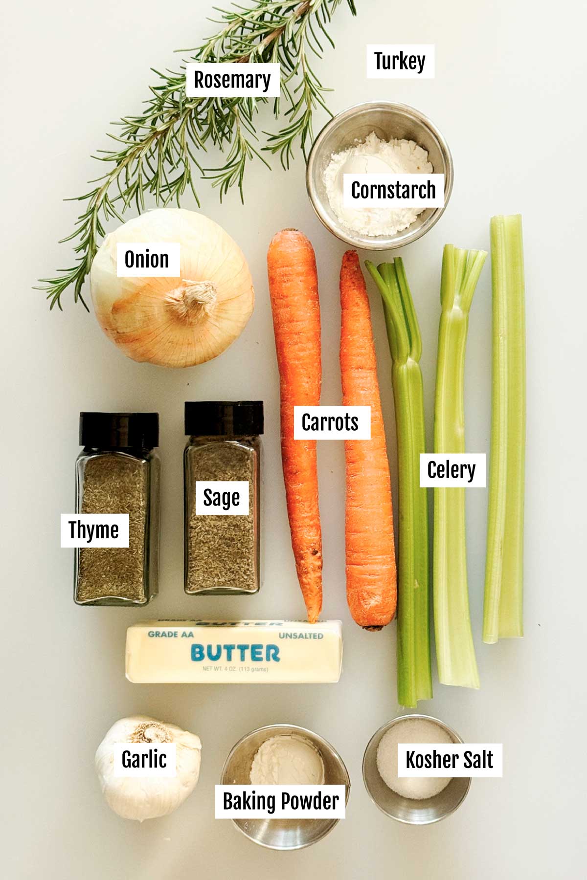 All the ingredients you need to make a crispy spatchcock turkey with gluten-free gravy.